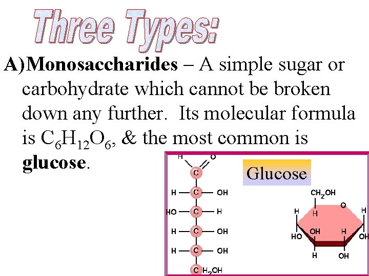 A)Monosaccharides – A simple sugar or carbohydrate which cannot be broken down any further.