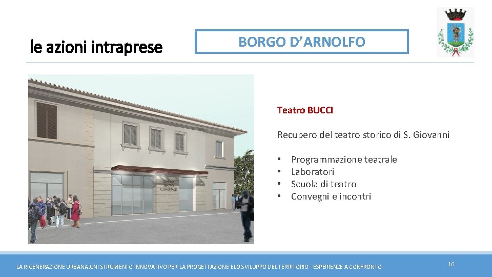 le azioni intraprese BORGO D’ARNOLFO Teatro BUCCI Recupero del teatro storico di S. Giovanni