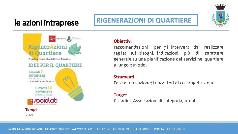 le azioni intraprese RIGENERAZIONI DI QUARTIERE Obiettivi raccomandazioni per gli interventi da realizzare tagliati