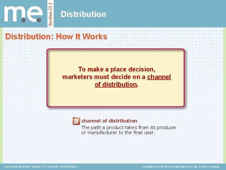 Section 21. 1 Distribution: How It Works To make a place decision, marketers must