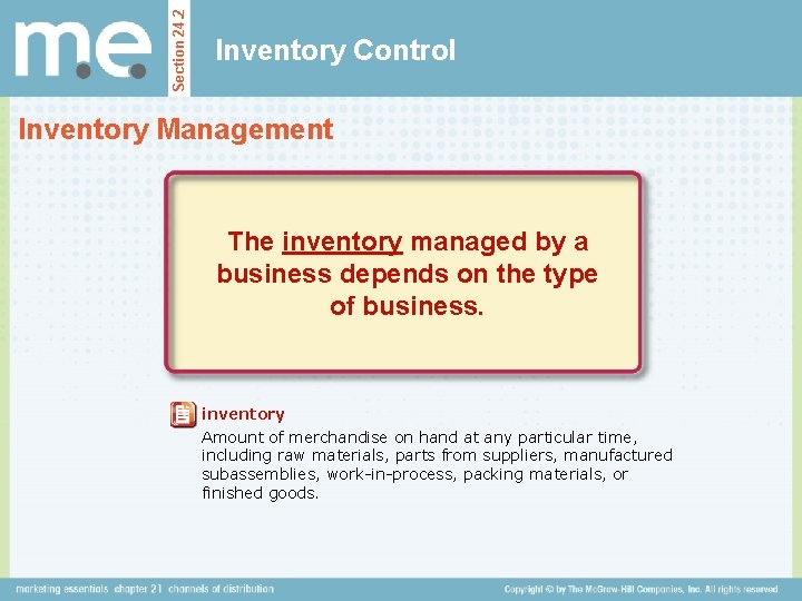 Section 24. 2 Inventory Control Inventory Management The inventory managed by a business depends