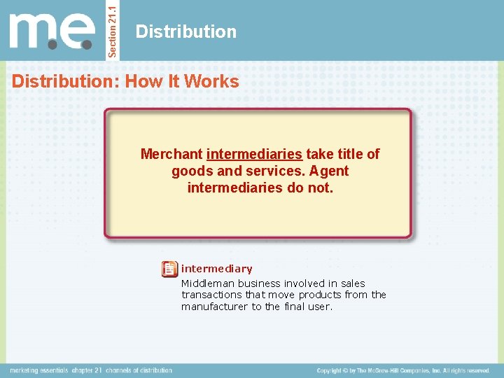 Section 21. 1 Distribution: How It Works Merchant intermediaries take title of goods and