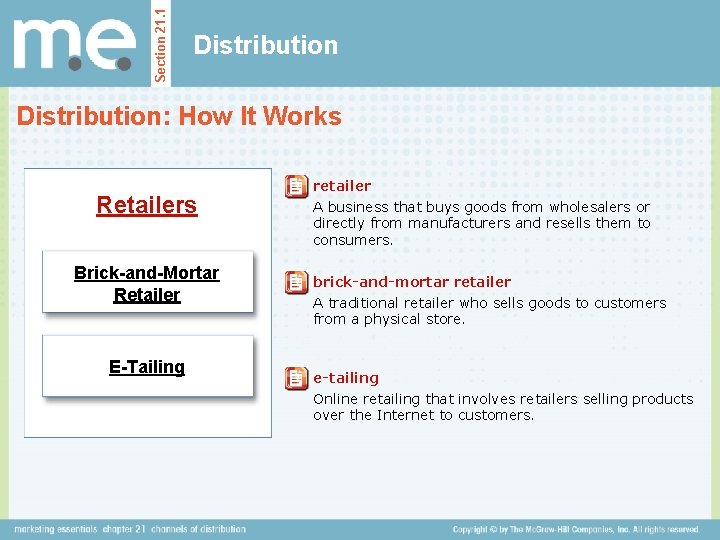Section 21. 1 Distribution: How It Works Retailers Brick-and-Mortar Retailer E-Tailing retailer A business