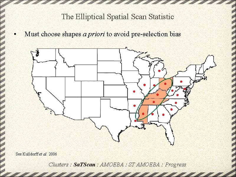 The Elliptical Spatial Scan Statistic • Must choose shapes a priori to avoid pre-selection