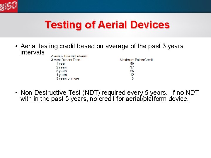 Testing of Aerial Devices • Aerial testing credit based on average of the past