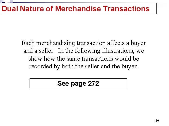 Dual Nature of Merchandise Transactions Each merchandising transaction affects a buyer and a seller.