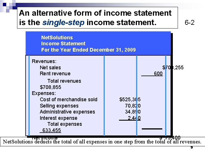 An alternative form of income statement is the single-step income statement. 6 -2 Net.