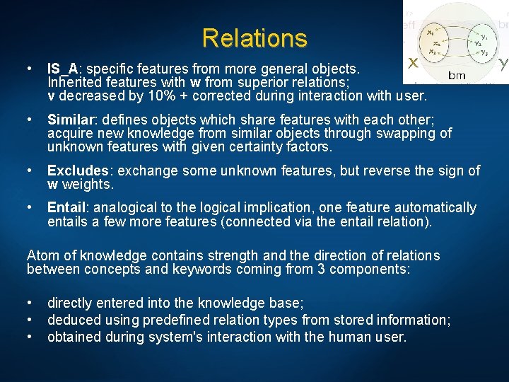 Relations • IS_A: specific features from more general objects. Inherited features with w from