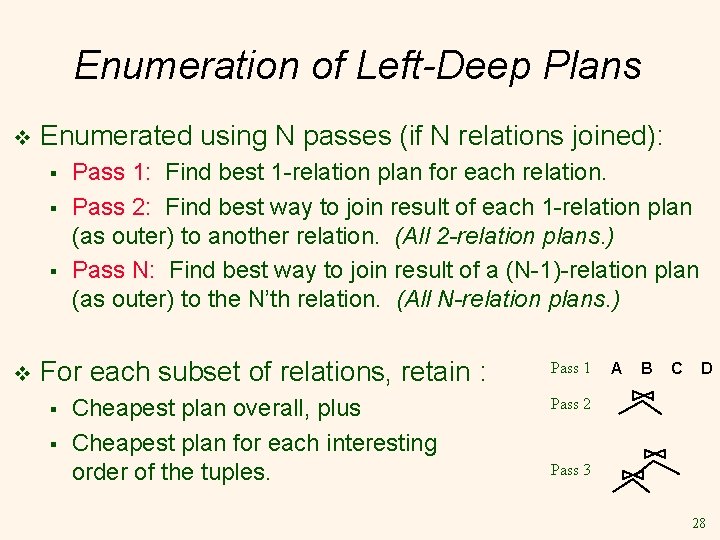 Enumeration of Left-Deep Plans v Enumerated using N passes (if N relations joined): §