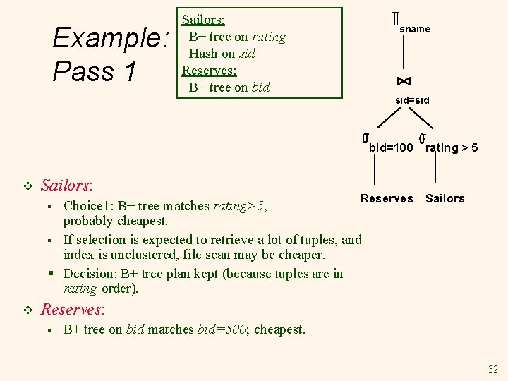 Example: Pass 1 Sailors: B+ tree on rating Hash on sid Reserves: B+ tree