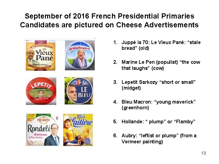 September of 2016 French Presidential Primaries Candidates are pictured on Cheese Advertisements 1. Juppé