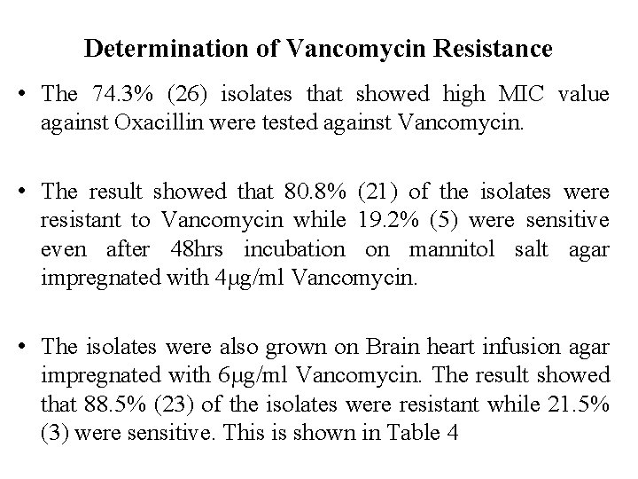 Determination of Vancomycin Resistance • The 74. 3% (26) isolates that showed high MIC