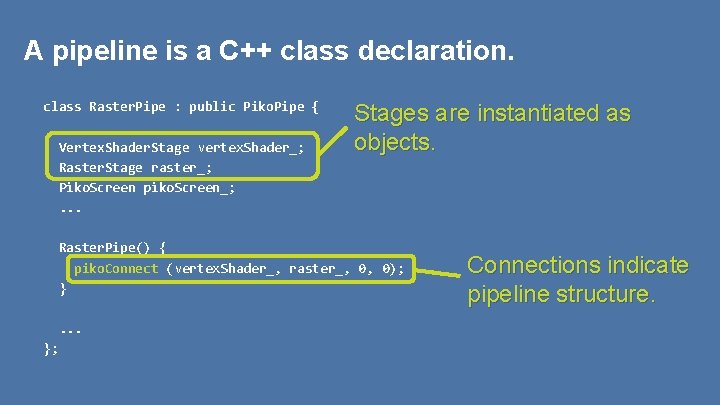 A pipeline is a C++ class declaration. class Raster. Pipe : public Piko. Pipe