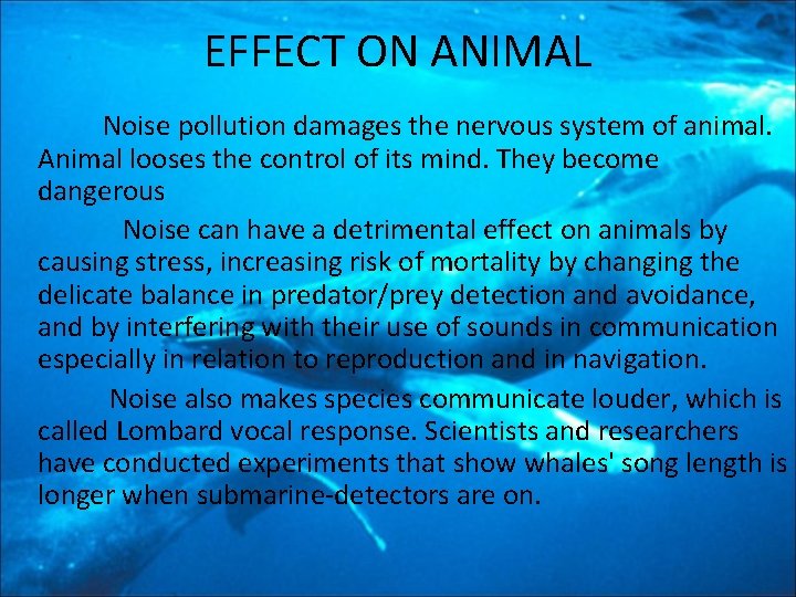 EFFECT ON ANIMAL Noise pollution damages the nervous system of animal. Animal looses the