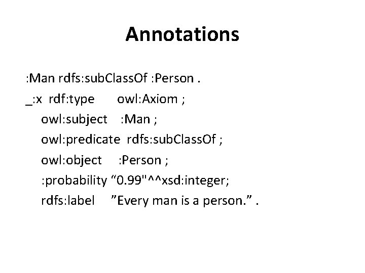 Annotations : Man rdfs: sub. Class. Of : Person. _: x rdf: type owl: