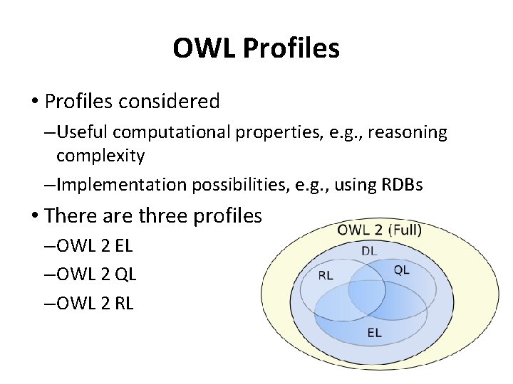 OWL Profiles • Profiles considered – Useful computational properties, e. g. , reasoning complexity