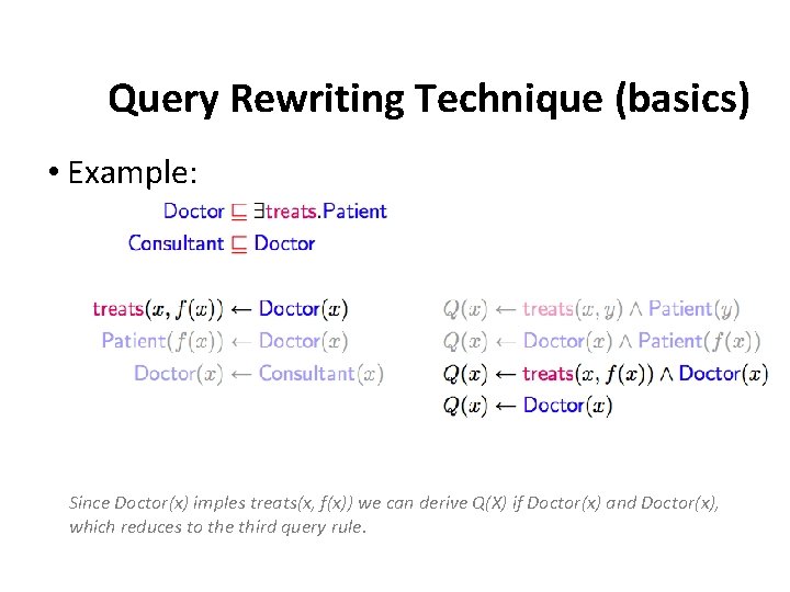 Query Rewriting Technique (basics) • Example: Since Doctor(x) imples treats(x, f(x)) we can derive