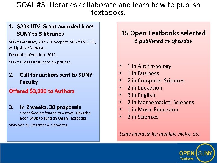 GOAL #3: Libraries collaborate and learn how to publish textbooks. 1. $20 K IITG