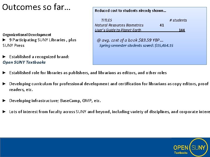 Outcomes so far… Organizational Development ► 9 Participating SUNY Libraries , plus SUNY Press