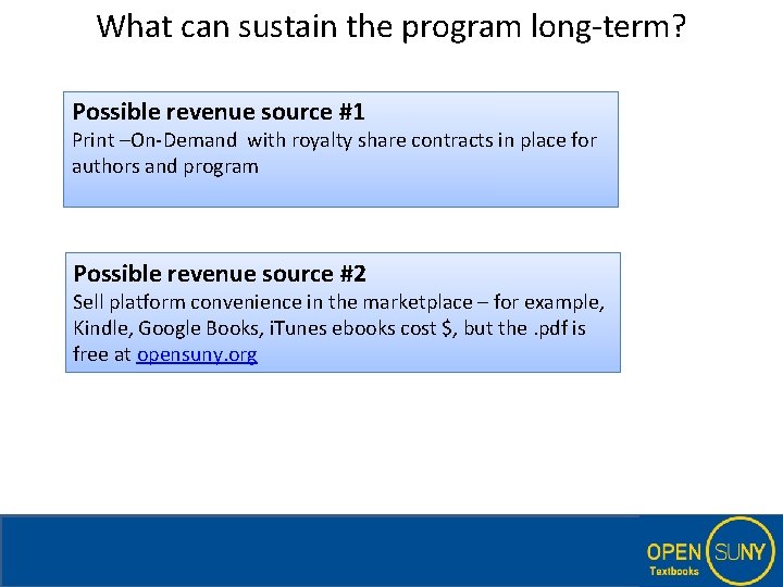 What can sustain the program long-term? Possible revenue source #1 Print –On-Demand with royalty