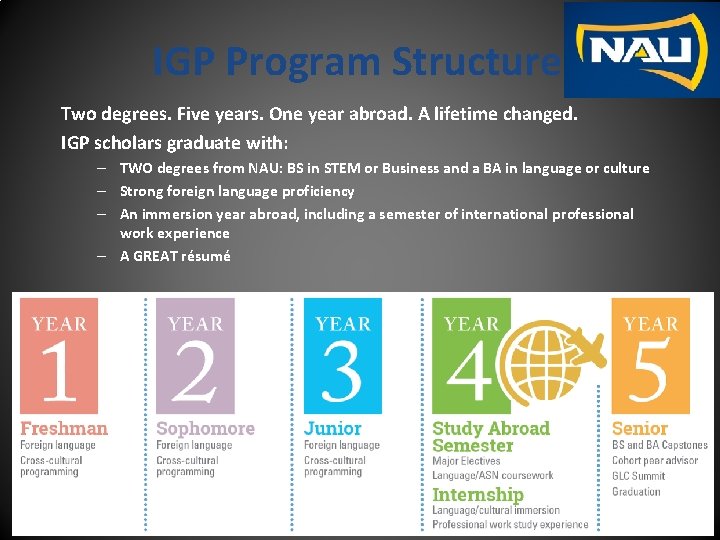 IGP Program Structure Two degrees. Five years. One year abroad. A lifetime changed. IGP
