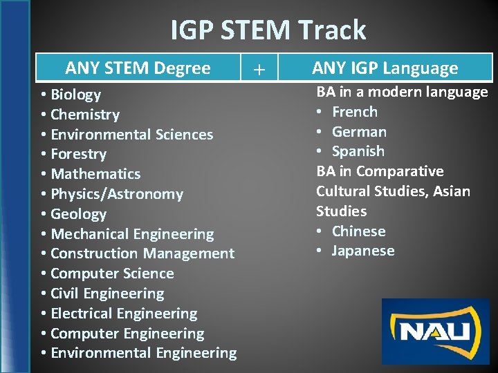 IGP STEM Track ANY STEM Degree • Biology • Chemistry • Environmental Sciences •