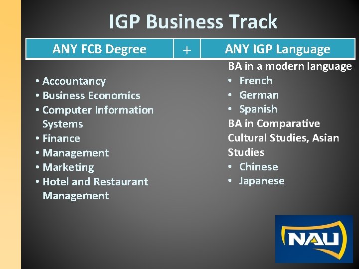 IGP Business Track ANY FCB Degree • Accountancy • Business Economics • Computer Information