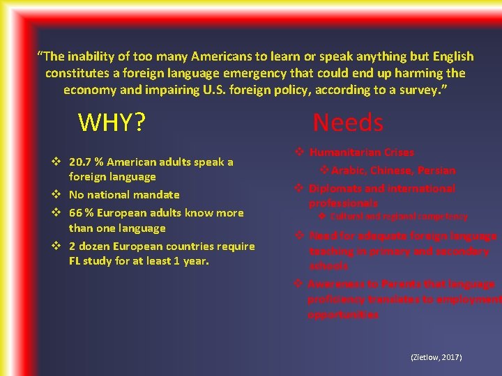 “The inability of too many Americans to learn or speak anything but English constitutes