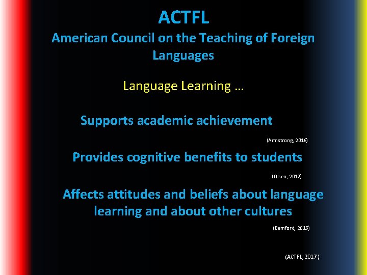 ACTFL American Council on the Teaching of Foreign Languages Language Learning … Supports academic