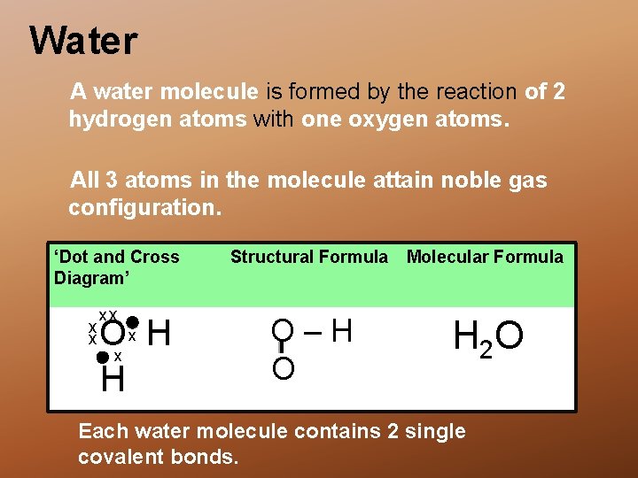 Water A water molecule is formed by the reaction of 2 hydrogen atoms with