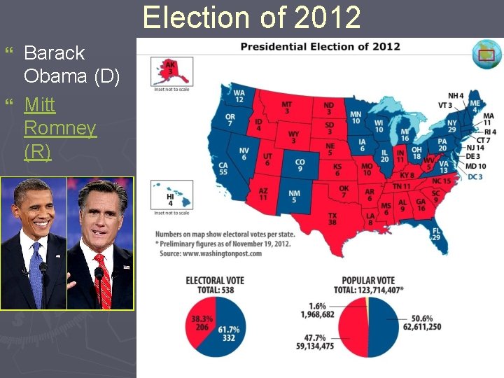 Election of 2012 Barack Obama (D) } Mitt Romney (R) } 