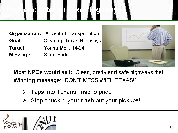 Problem: Litter on Texas Highways Organization: TX Dept of Transportation Goal: Clean up Texas
