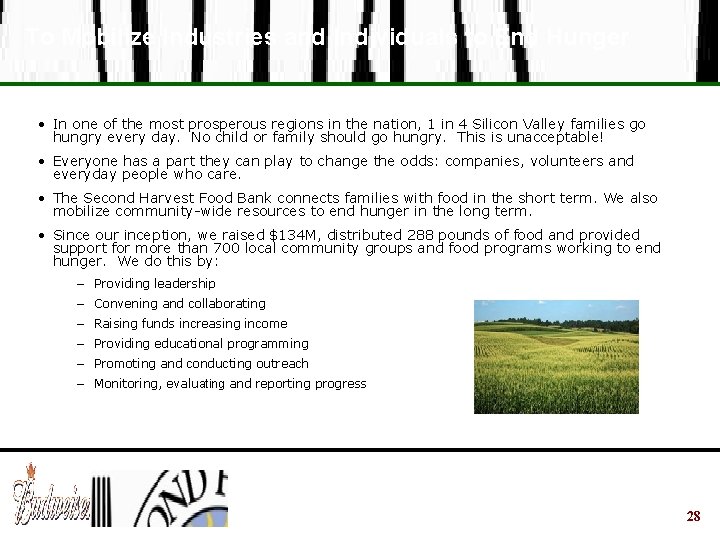 To Mobilize Industries and Individuals to End Hunger • In one of the most