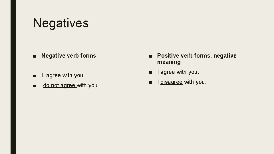 Negatives ■ Negative verb forms ■ II agree with you. ■ do not agree