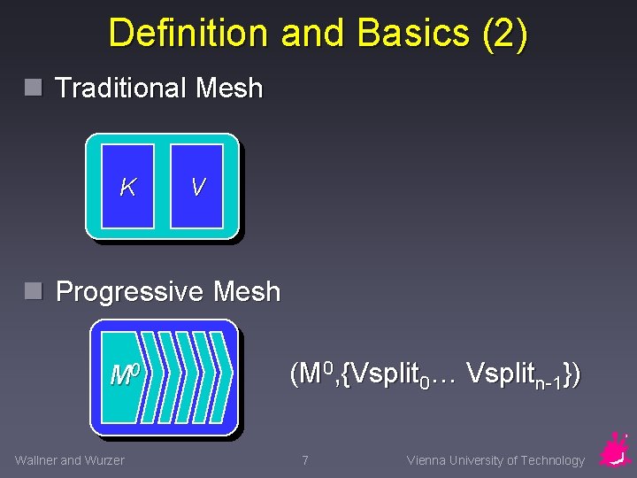 Definition and Basics (2) n Traditional Mesh K V n Progressive Mesh M 0
