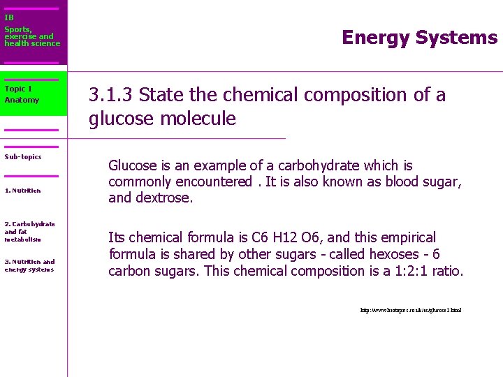 IB Sports, exercise and health science Topic 1 Anatomy Sub-topics 1. Nutrition 2. Carbohydrate