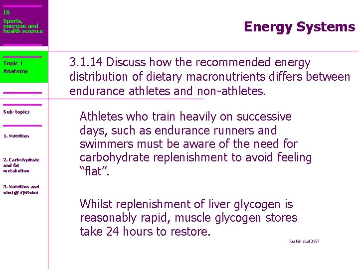 IB Sports, exercise and health science Topic 1 Anatomy Sub-topics 1. Nutrition 2. Carbohydrate