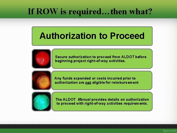 If ROW is required…then what? Authorization to Proceed Secure authorization to proceed from ALDOT