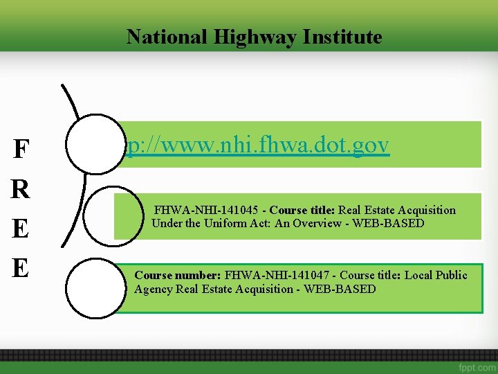 National Highway Institute F R E E http: //www. nhi. fhwa. dot. gov FHWA-NHI-141045