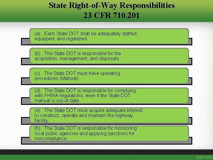 State Right-of-Way Responsibilities 23 CFR 710. 201 (a). Each State DOT shall be adequately