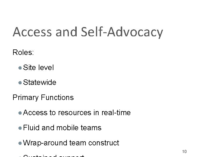 Access and Self-Advocacy Roles: ● Site level ● Statewide Primary Functions ● Access to