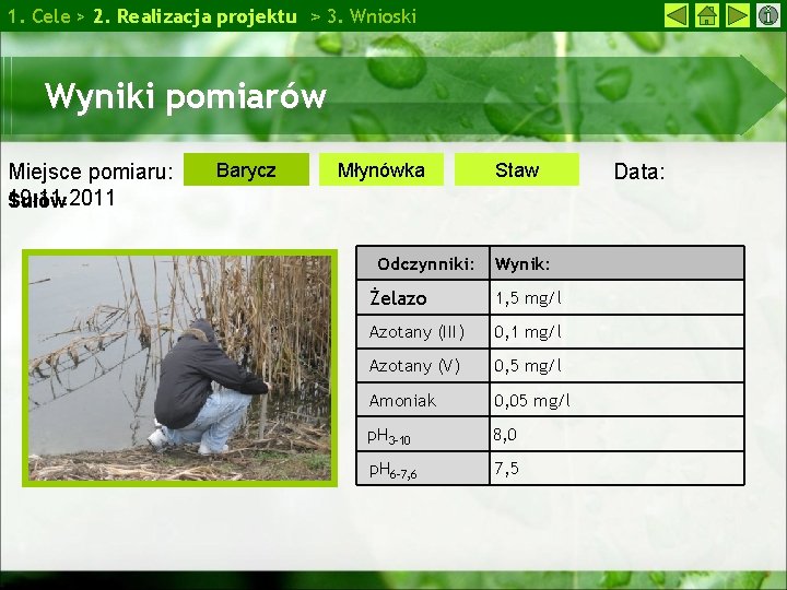 1. Cele > 2. Realizacja projektu > 3. Wnioski Wyniki pomiarów Miejsce pomiaru: 19.