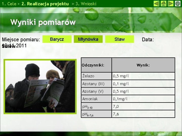 1. Cele > 2. Realizacja projektu > 3. Wnioski Wyniki pomiarów Miejsce pomiaru: 19.