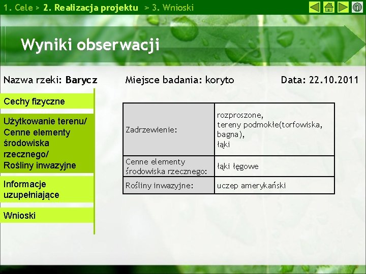 1. Cele > 2. Realizacja projektu > 3. Wnioski Wyniki obserwacji Nazwa rzeki: Barycz