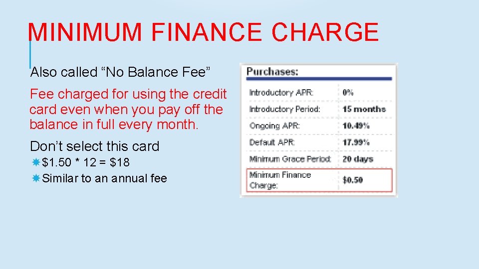 MINIMUM FINANCE CHARGE Also called “No Balance Fee” Fee charged for using the credit