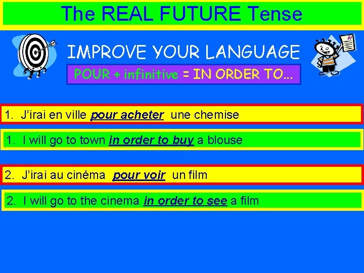 The REAL FUTURE Tense IMPROVE YOUR LANGUAGE POUR + infinitive = IN ORDER TO.