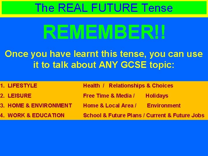 The REAL FUTURE Tense REMEMBER!! Once you have learnt this tense, you can use