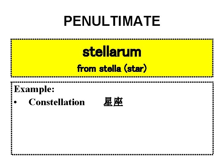 PENULTIMATE stellarum from stella (star) Example: • Constellation 星座 