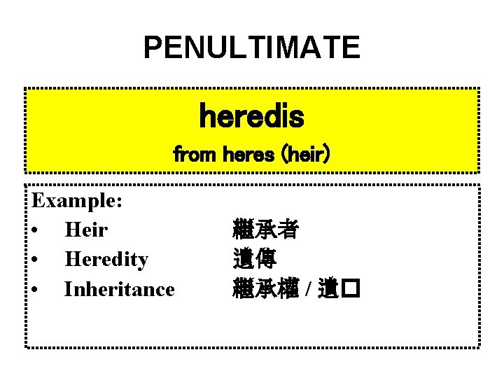 PENULTIMATE heredis from heres (heir) Example: • Heir • Heredity • Inheritance 繼承者 遺傳