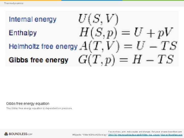 Thermodynamics Gibbs free energy equation The Gibbs free energy equation is dependent on pressure.